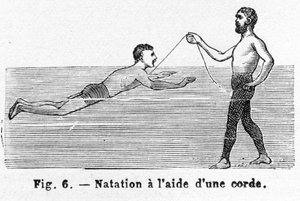 Lær at svømme ved hjælp af en ledning, pub. 1885 gravering, 1885. af French School