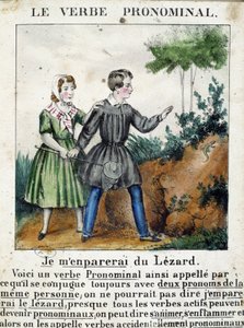 Lektion om pronominale verber. I ""La grammaire en images"", folderalbum, omkring 1850. af French School