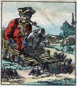 Lemuel Gulliver, en fange bliver transporteret på en vogn trukket af Lilliputianerne. Illustration til "" Gulliver