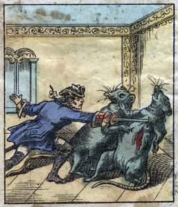 Lemuel Gulliver bekæmper rotter i giganternes land i Brobdingnag. Illustration til "" Gulliver