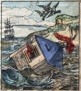 Lemuel Gulliver er i sit hus i giganternes land i Brobdingnag. Illustration til "" Gulliver