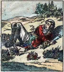 Lemuel Gulliver vågnede op efter sit skibbrud og blev taget til fange af Lilliputianerne. Illustration til "" Gulliver