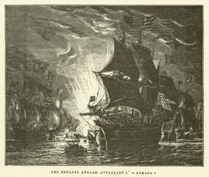 De engelske Brulots Attacking the Armada (gravering) af French School