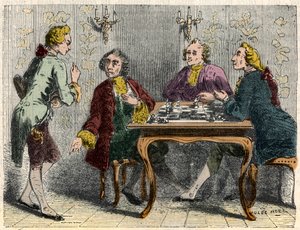 Skakspillerne fra cafeen Procope i Paris i det 18. århundrede - Indgravering i "Tableau-de-Paris"" af Edmond Texier 1852 af French School