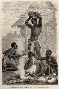 Les blacksmiths mannganyas, i en landsby langs Loualaba-floden (det nuværende Congo-flod), gravering efter en tegning af D.Maillard, der illustrerer David Livingstones sidste dagbog (1813-1873), i 1866-1873, udgivet i "" Le tour du monde”” 1875, redigeret  af French School