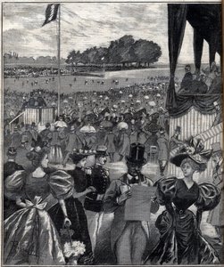 Les courses de lyon (væddeløbsbaner de Lyon) - efter grand prix - indgravering i "Le Progres illustrious"" fra 1895 af French School