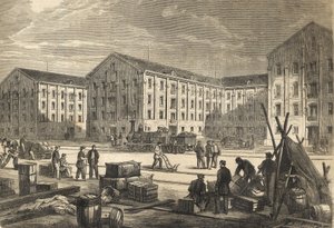 Les docks de Rouen en en en 1866 - Dokken i Rouen i 1866 - gravering af French School