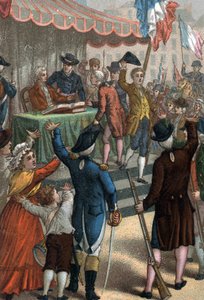 Les enrolements volontaires (foran teatret i Odeon, Paris), La Patrie en danger, 22. juli 1792. af French School