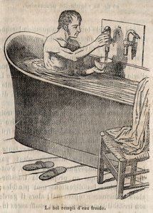 Badebevægelser - Hygiejne i det 19. århundrede - mand i et badekar - gravering i "La Sante Universelle - Guide Medical des Familles" 1852 af French School