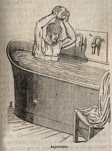 Badebevægelser - Hygiejne i det 19. århundrede - mand i et badekar - gravering i "La Sante Universelle - Guide Medical des Familles" 1852 af French School