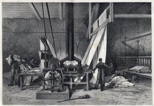 De store fabrikker - Farvning erie Boutarel i Clichy la Garenne - Le mesh des Etoffes - gravering fra 1869 af French School
