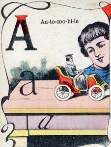 Bogstav A Automobil. Indgravering i "ABC des joux pour petits boys". Billeddannelse af Pont-a-Mousson, Louis Vagne, trykkeri-udgiver, slutningen af det 19. århundrede. Mål: 32,5x25 cm af French School