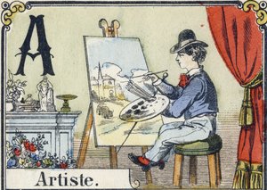 Bogstav A: kunstner. Rekreativt alfabet. Epinal billeddannelse. Stencilerede træstik, ca. 1880. Lille hæfte på 16 sider (205 x 150 mm). Privat samling af French School