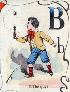 Bogstav B Bilboquet. Indgravering i "ABC des joux pour petits boys". Billeddannelse af Pont-a-Mousson, Louis Vagne, trykkeri-udgiver, slutningen af det 19. århundrede. Mål: 32,5x25 cm af French School