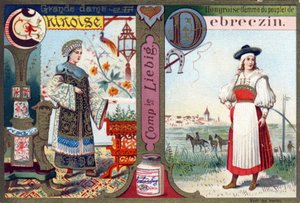 Bogstav C som stor kinesisk dame og D som ungarsk af Debreczin. Kvinders alfabet. Serie på 12 billeder. Liebig reklame af French School