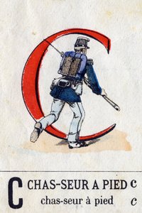 Bogstav C som fodjæger. Militært alfabet (ABC eller abecedary). Billeddannelse af Epinal, omkring 1870-1880). Stencilfarvede træsnit. Privat samling af French School