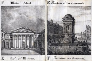 Bogstav E og F: Medicinsk skole og de uskyldiges fontæne - "Alphabet Picturesque des Monumens de Paris" c.1840 (gravering) af French School