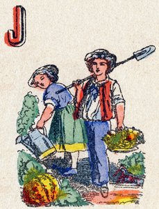 Bogstav J Gartnere. Indgravering i "Alphabet des jeux"". Hr. Vagne, redaktør, Pont-a-Mousson, slutningen af det 19. århundrede. Pink serie. 12 sider. Album indeholdende en forenklet læsemetode og et illustreret abecedary. Mål: 16,5 x 11 cm af French School