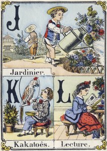 Bogstav J, K og L: gartner, kakatoes og læsning. Rekreativt alfabet. Epinal billeddannelse. Stencilerede træstik, ca. 1880. Lille 16 siders hæfte af French School