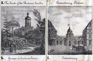Bogstav K Kiosk af Jardin des Plantes og L Palais du Luxembourg - "Alphabet Picturesque des Monumens de Paris" c.1840 (gravering) af French School