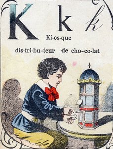 Bogstav K: chokolade dispenser kiosk. Indgravering i "ABC des joux pour petits boys". Billeddannelse af Pont-a-Mousson, Louis Vagne, trykkeri-udgiver, slutningen af det 19. århundrede. Mål: 32,5x25 cm af French School