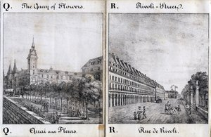 Bogstav Q og A: Blomsterdokken og Rivoli-gaden - "Alphabet Picturesque des Monumens de Paris" ca. 1840 (kobberstik) af French School