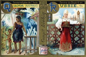 Bogstav Q som indfødt kvinde fra Quoin Island og R som Boyars kvinde i Rusland. Kvinders alfabet. Serie på 12 billeder. Liebig reklame af French School