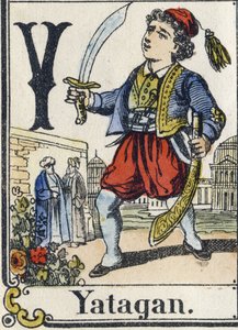 Bogstav Y: Yatagan. Rekreativt alfabet. Epinal billeddannelse. Stencilerede træstik, ca. 1880. Lille hæfte på 16 sider af French School