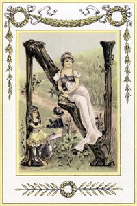 Brev, der repræsenterer en mor og hendes børn, der danser, slutningen af det 19. århundrede (kromolitografi) af French School