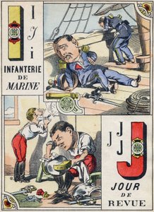 Bogstaver I og J: Marineinfanteriet og Revisionsdagen. Indgravering i "Comic Military Alphabet". Femte serie. Epinal billeddannelse. Pellerin og Cie, Printers, Epinal, slutningen af det 19. århundrede. 16 sider. Mål: 25x18,5 cm af French School