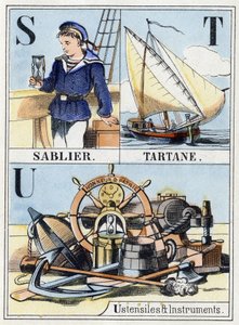 Bogstaverne S som timeglas, bogstaverne T som tartan, bogstaverne U som redskaber og instrumenter. Navy abecedary på 16 sider indeholdende et alfabet med store bogstaver. Epinal billede, slutningen af det 19. århundrede. Stencilerede trægraveringer Mål: 21 af French School