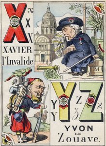 Bogstaverne X Y Z: Xavier den ugyldige og Yvon Zouave. Indgravering i "Comic Military Alphabet". Femte serie. Epinal billeddannelse. Pellerin & Cie, Printers, Epinal, slutningen af det 19. århundrede. 16 sider. Mål: 25x18,5 cm af French School