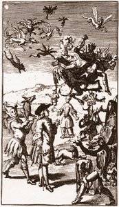 Fremkaldelsen af ​​dæmoner, indgravering fra 1710 i "Historien om Monsieur Oufles ekstravagante fantasi" af Laurent Bordelon (1653-1730) af French School