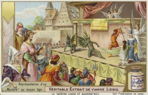 Liebig-kort med en repræsentation af et middelaldermysterium af French School