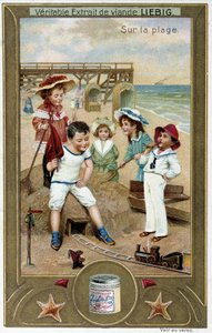 Liebig kromolitografiserie "" Beach Game"" af børn. sd. 19. århundrede af French School