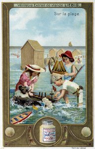 Liebig kromolitografiserie "" Beach Game"" af børn. sd. 19. århundrede af French School