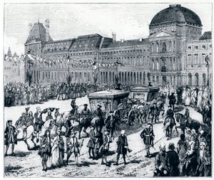 Livet under Ludvig XV: kongen ankommer til Palais des Tuileries, hvor dronningen og delfinen venter på ham - i "Paris gennem århundrederne" af Genouillac af French School