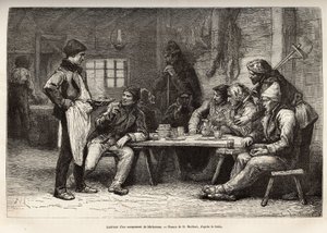 Det indre af en woodcheron-lejr i Ontario, gravering efter en tegning af D. Maillard, illustrerende udflugten til Canada og til Northern Red River, af H. De Lamotte, i 1873, udgivet i "" Le world tour""" 1875 , redigeret af Edouard af French School