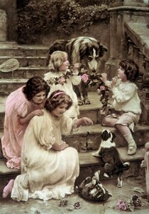 Små børn leger med hunde Coloree-postkort fra begyndelsen af det 20. århundrede (foto) af French School