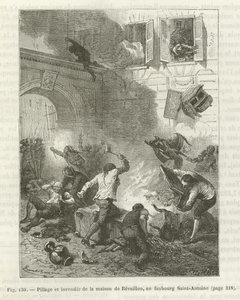 Plyndringer og afbrænding af et hus under den franske revolution af French School