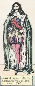 Ludvig 13, 64. konge af Frankrig, besteg tronen i 1610, døde i 1643 (farvet indgravering) af French School