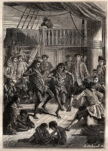 Louis Antoine, greve af Bougainville (1729-1811) modtog indbyggerne i Bay Fortescue (Detroit of Magellan) i sin båd "" La Boudeuse""" i 1768 - illustration fra "The Great Mariners of the 18th century" af French School