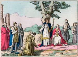Louis IX, dit "Saint-Louis"" (1214-1270) yder retfærdighed til alle sine undersåtter i Bois de Vincennes - Saint Louis (1214-1270) yder retfærdighed - Indgravering af slutningen af det 19. århundrede i "Nos Gires Nationales - Billeder og oplæsninger"" af French School