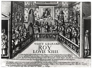 Ludvig XIV (1638-1715) udøver retfærdighed (xylograf) (bw foto) af French School