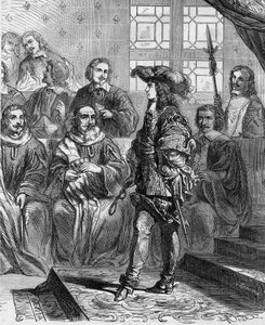 Ludvig XIV (1638 - 1715) var 17 år gammel i 1652 foran parlamentet og tvang præsidenten til at opløse forsamlingen. Indgravering i "" Histoire De France En Cent malerier af Paul Lehugeur "" 1891. af French School