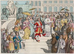 Ludvig XIV (Louis 14) og hans hof i Versailles - Ludvig XIV af Frankrig og hans hof i Versailles - Indgravering af slutningen af det 19. århundrede i "" Nos Gires Nationales - Images et recits"" af French School