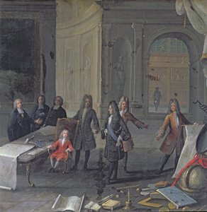 Ludvig XIV, der overværer en lektion af sit oldebarn, den fremtidige Ludvig XV, ca. 1715 af French School
