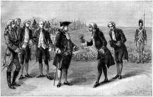 Louis XVI (1754-1793) besøgte den første kartoffelmark på Sablons-sletten (nuværende avenue de la Grande Armee, Paris), og Antoine Augustin Parmentier (1737-1813) tilbød ham kartoffelblomster omkring 1785. Indgravering i " "La Nature. Revue des sciences af French School