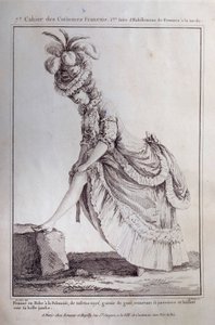 Louis XVI mode: et fodportræt af en ung kvinde i en polsk kjole i stribet taft. Stik fra 1778. Paris, dekorativ kunst af French School