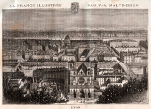 Lyon - indgravering i "La France illustrée: geografi, historie, statistisk administration" af V.A. Malt-Brown. 1884 af French School